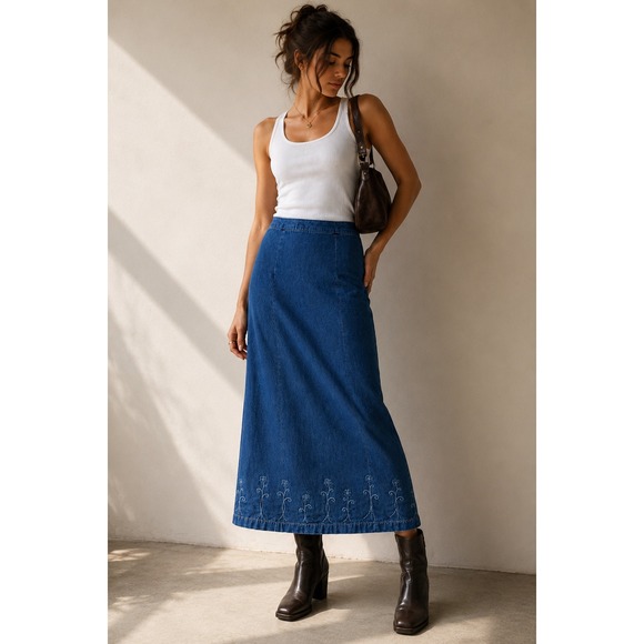 Jaclyn Smith Sport Dresses & Skirts - Jaclyn Smith Sport Vintage 90s Denim Long Skirt Embroidered Floral Blue Medium